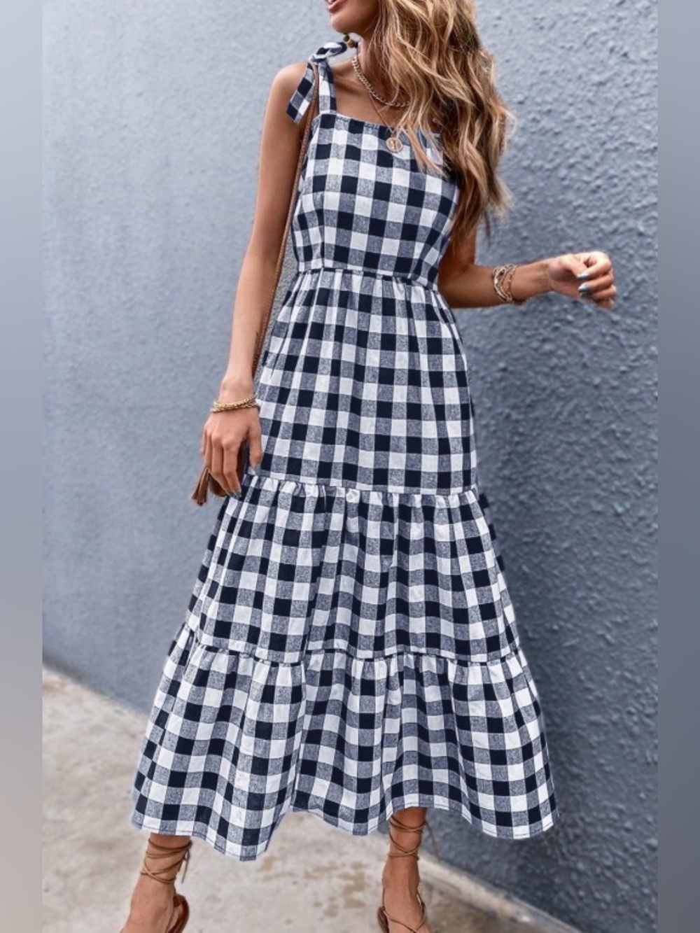 Black and White Gingham Tie-Shoulder Maxi Dress - Picture 3 of 4